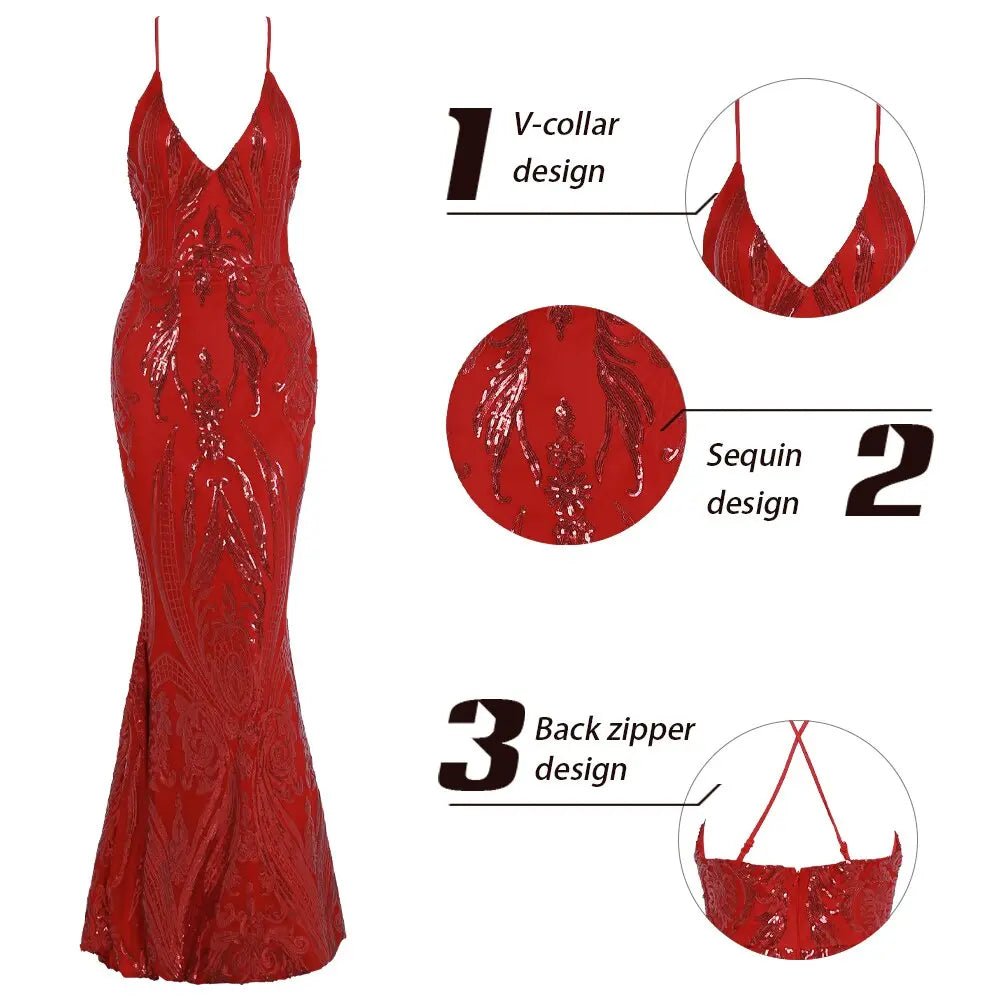 Red V Neck Sequin Backless Maxi Dress - Mscooco.co.uk