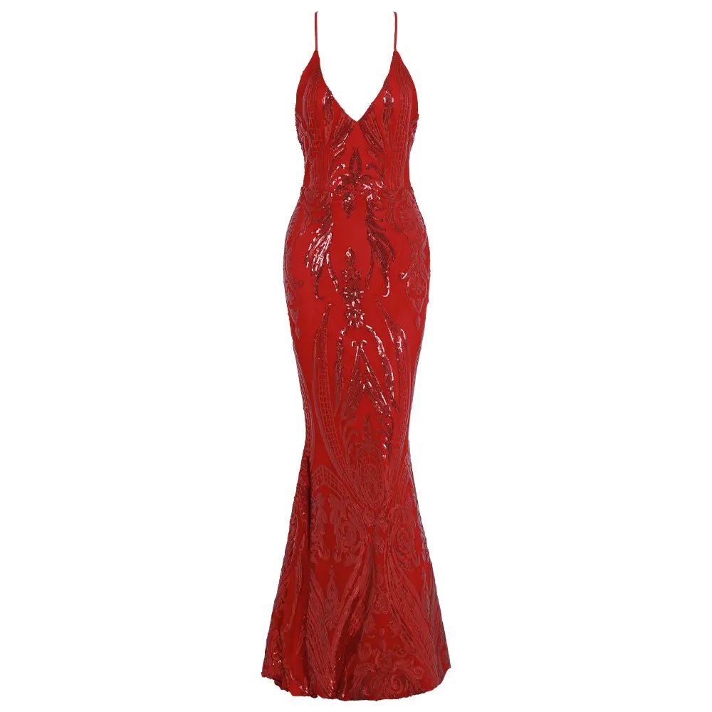 Red V Neck Sequin Backless Maxi Dress - Mscooco.co.uk