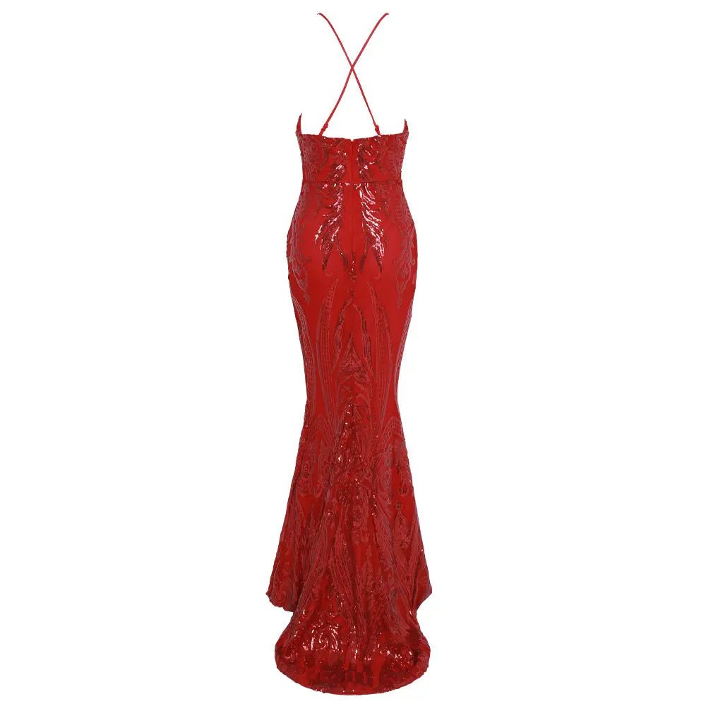 Red V Neck Sequin Backless Maxi Dress - Mscooco.co.uk