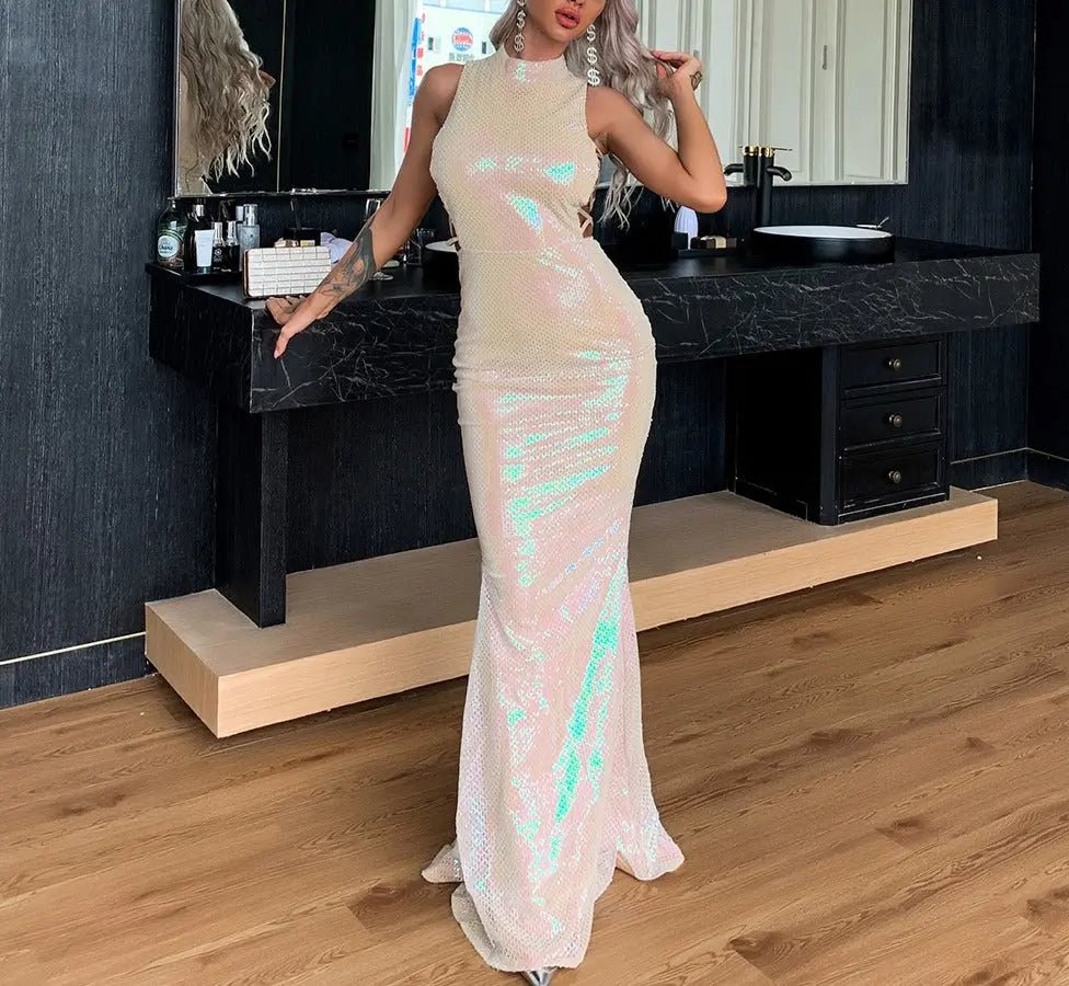 Reese High Neck Hollow Out Sequins Dress - Mscooco.co.uk