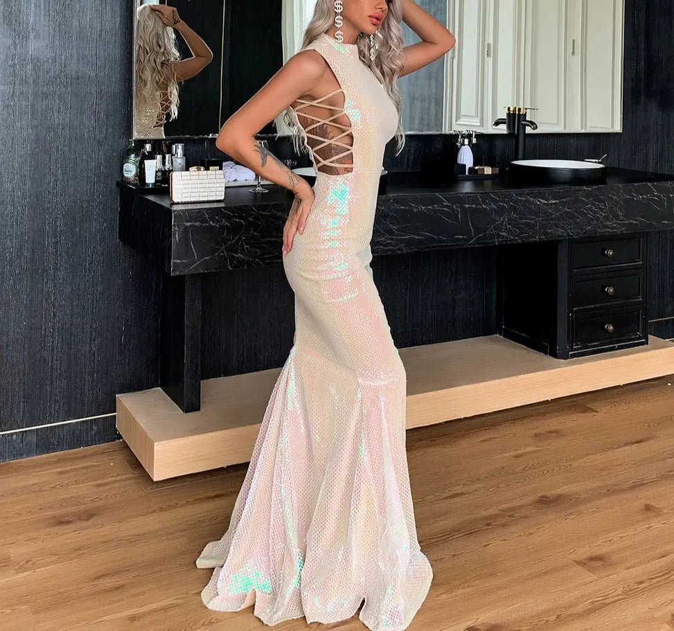 Reese High Neck Hollow Out Sequins Dress - Mscooco.co.uk