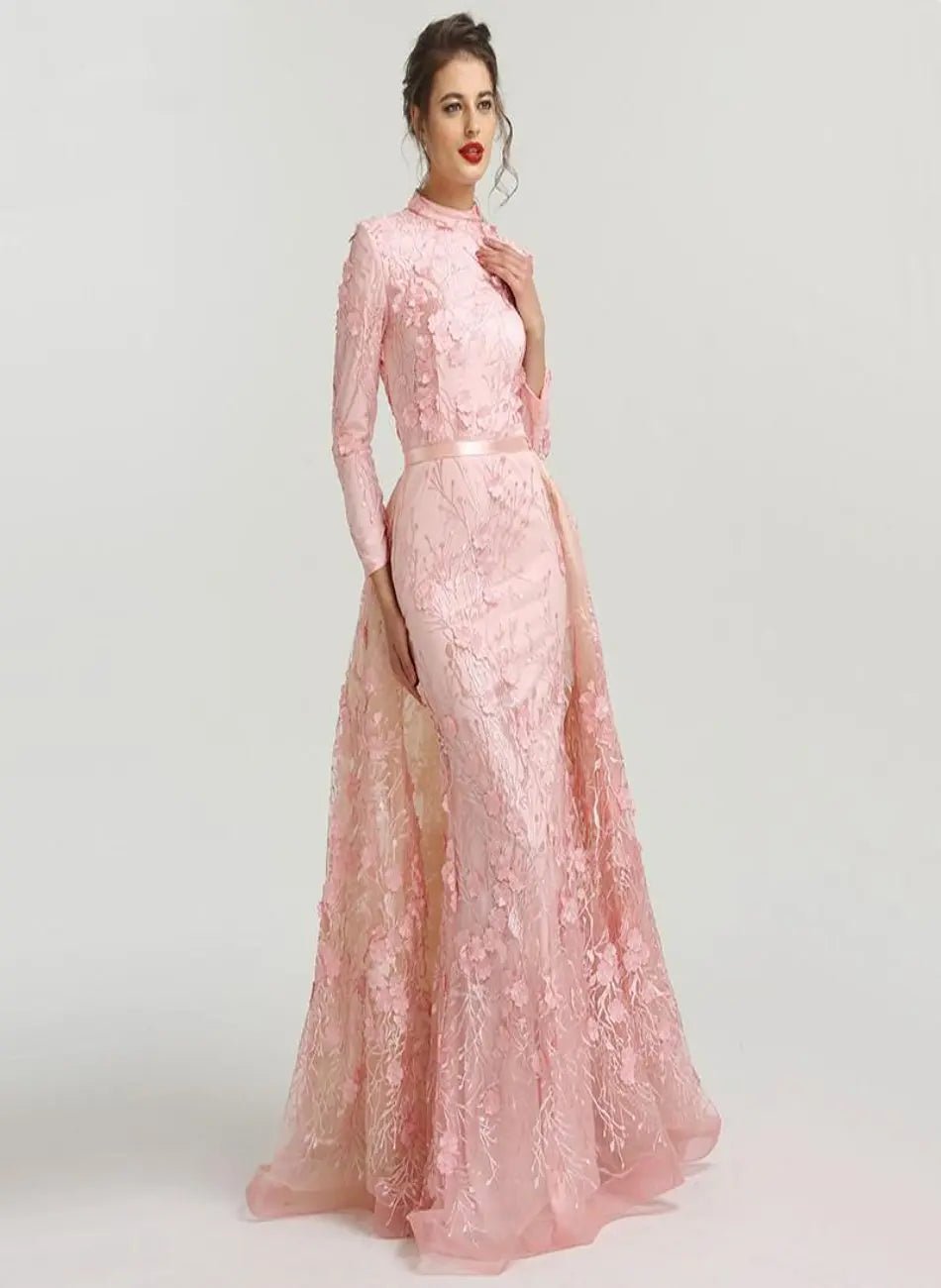 Romantic - Pink Flowers Lace Evening Dress - Mscooco.co.uk