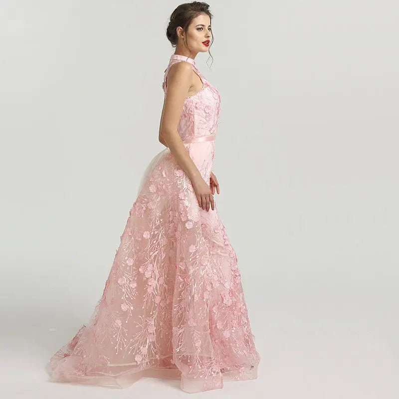 Romantic - Pink Flowers Lace Evening Dress - Mscooco.co.uk