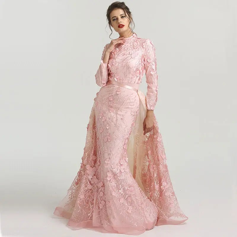 Romantic - Pink Flowers Lace Evening Dress - Mscooco.co.uk