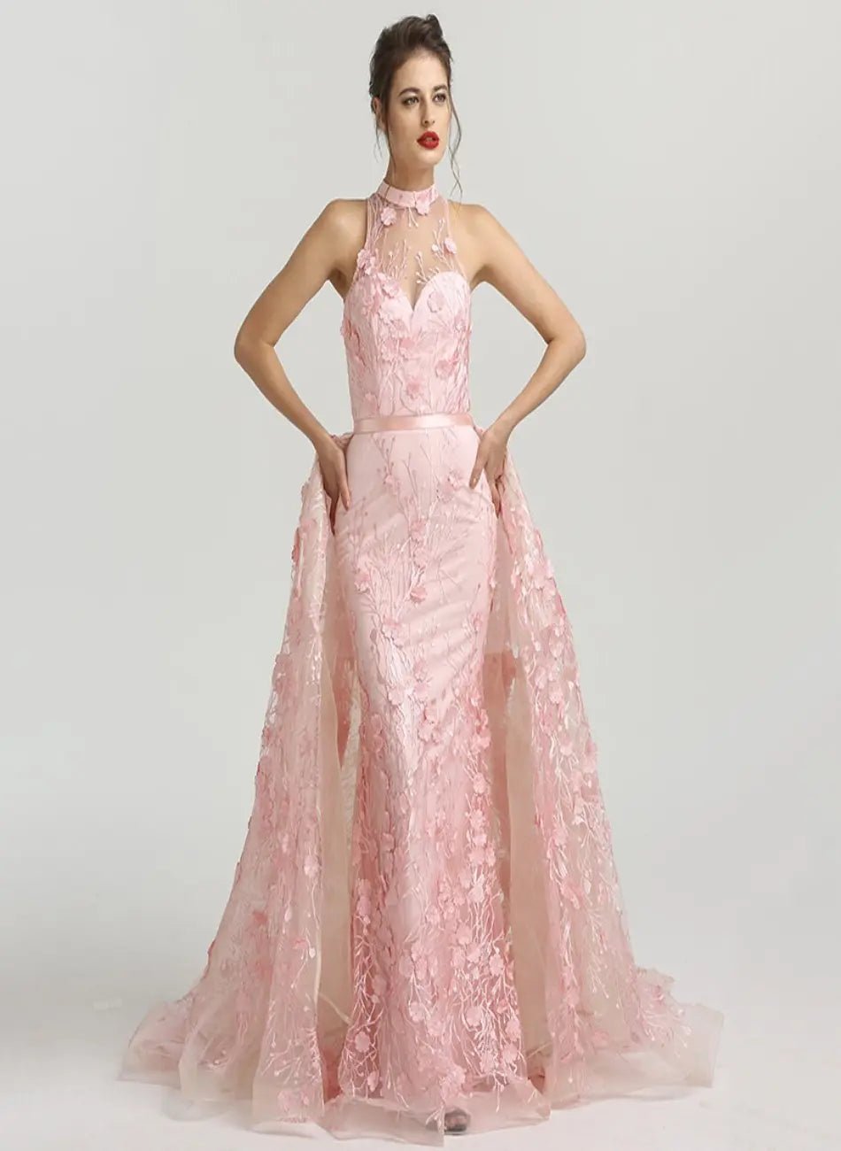 Romantic - Pink Flowers Lace Evening Dress - Mscooco.co.uk