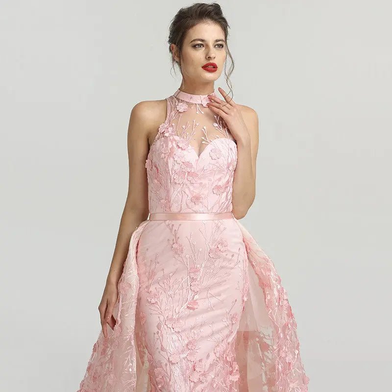 Romantic - Pink Flowers Lace Evening Dress - Mscooco.co.uk