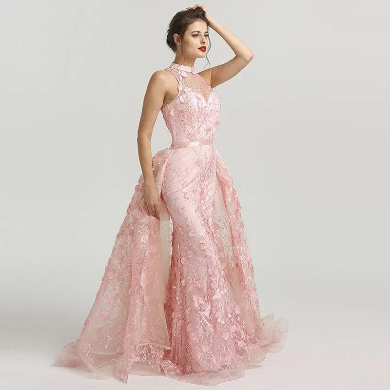 Romantic - Pink Flowers Lace Evening Dress - Mscooco.co.uk