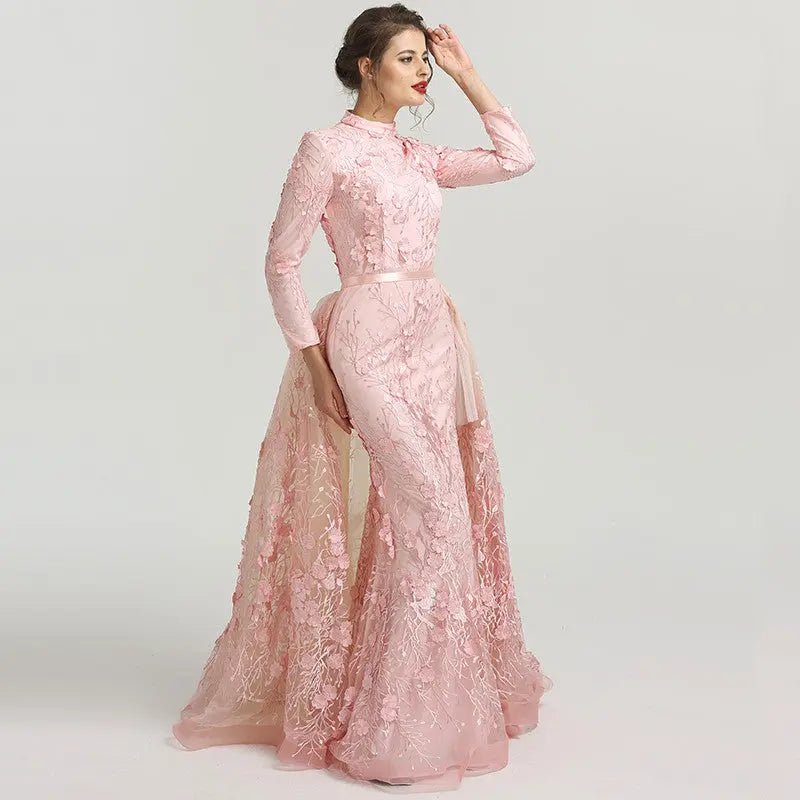Romantic - Pink Flowers Lace Evening Dress - Mscooco.co.uk