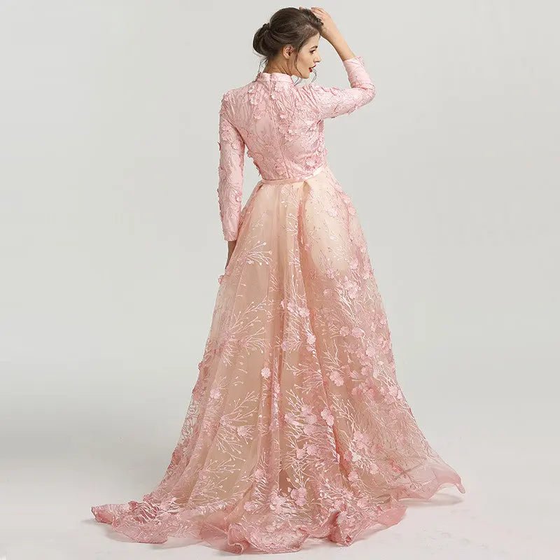 Romantic - Pink Flowers Lace Evening Dress - Mscooco.co.uk