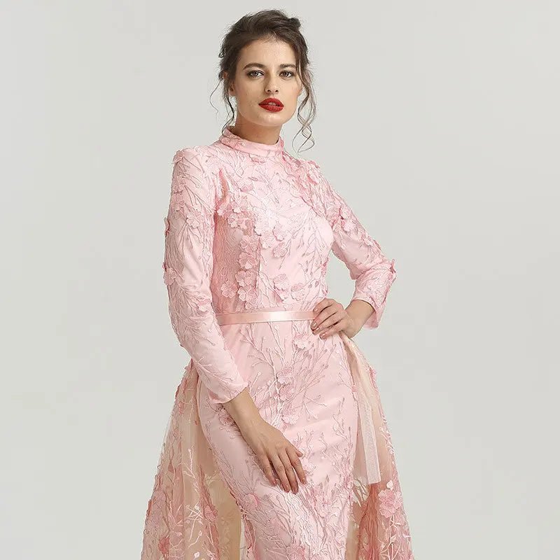 Romantic - Pink Flowers Lace Evening Dress - Mscooco.co.uk