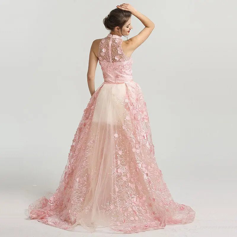 Romantic - Pink Flowers Lace Evening Dress - Mscooco.co.uk