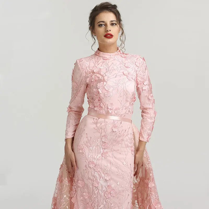 Romantic - Pink Flowers Lace Evening Dress - Mscooco.co.uk