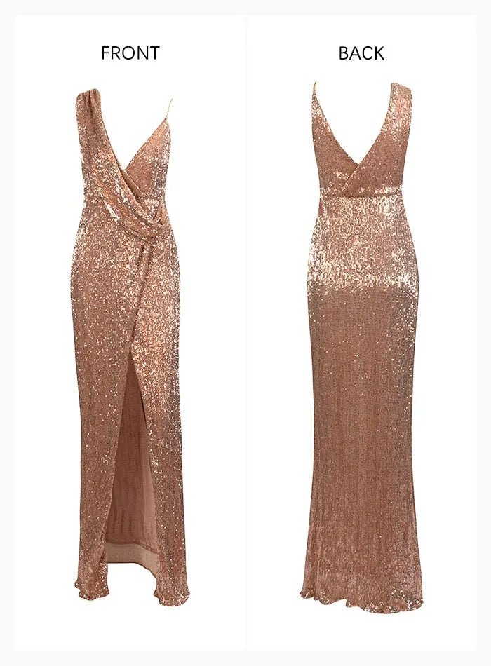 Rose Gold Deep V-Neck Split Sequins Maxi Dress - Mscooco.co.uk