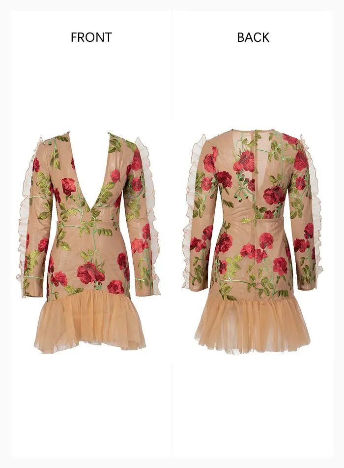 Ruffle Trim Mesh Embroidery Long Sleeve Dress - Mscooco.co.uk