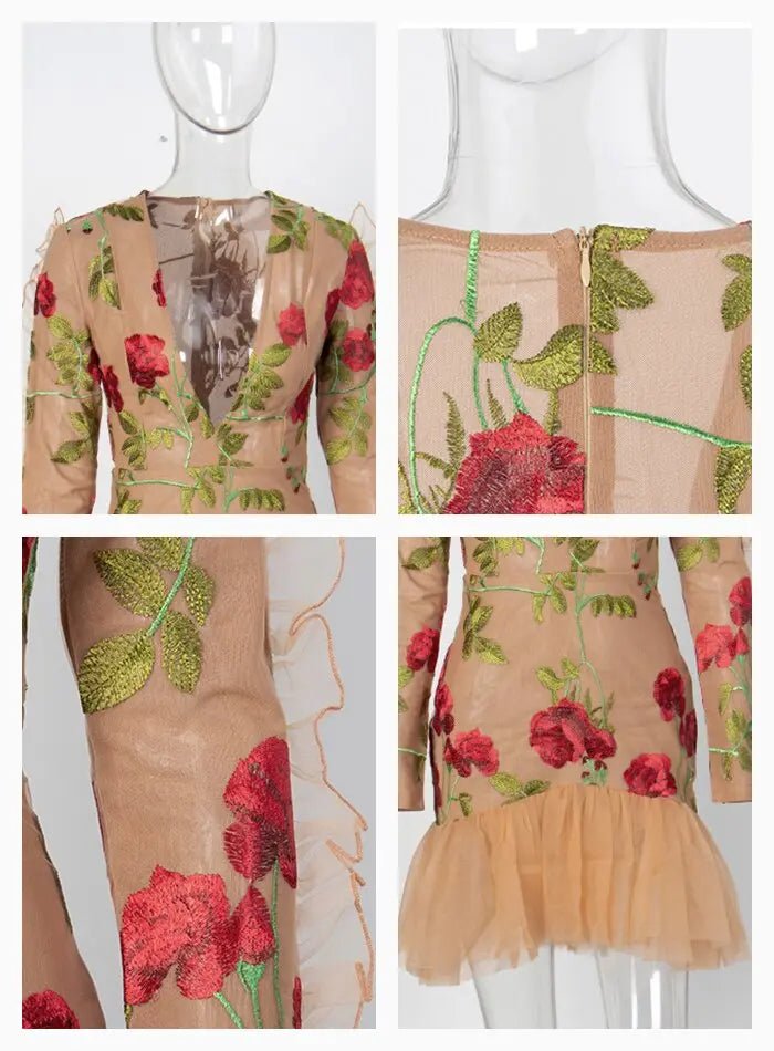 Ruffle Trim Mesh Embroidery Long Sleeve Dress - Mscooco.co.uk