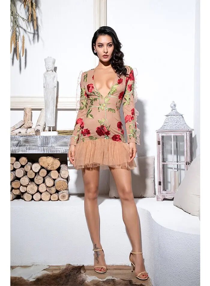 Ruffle Trim Mesh Embroidery Long Sleeve Dress - Mscooco.co.uk