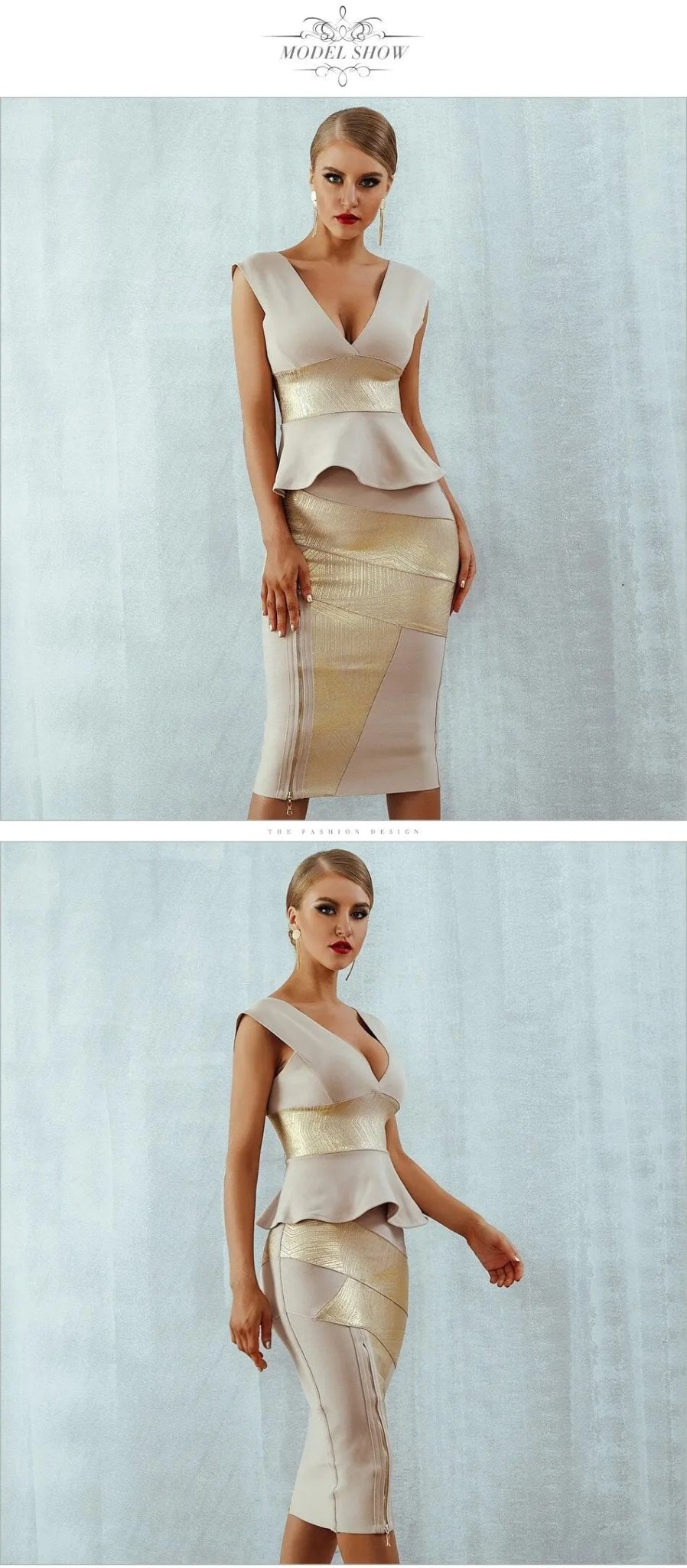 Ruffles Bodycon V-Neck Front Zipper Bandage Dress - Mscooco.co.uk