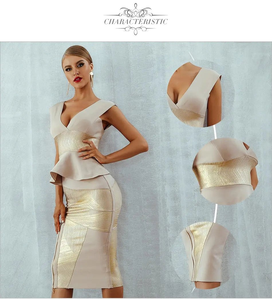 Ruffles Bodycon V-Neck Front Zipper Bandage Dress - Mscooco.co.uk