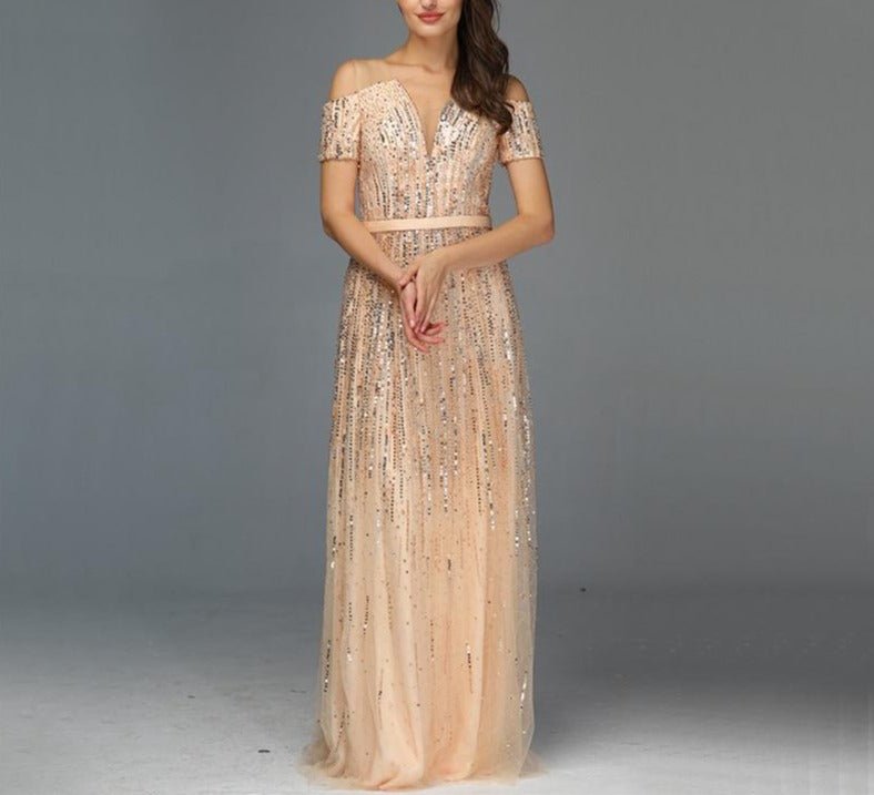Saanvi Gold Beading Sequined A-Line Evening Dress - Mscooco.co.uk