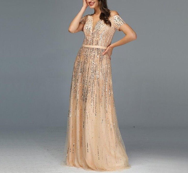 Saanvi Gold Beading Sequined A-Line Evening Dress - Mscooco.co.uk