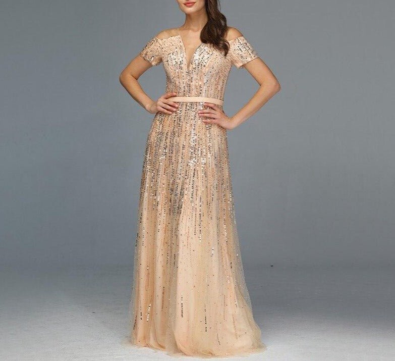 Saanvi Gold Beading Sequined A-Line Evening Dress - Mscooco.co.uk