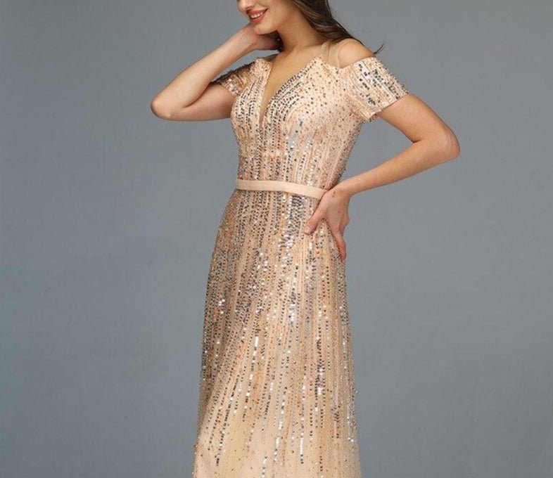 Saanvi Gold Beading Sequined A-Line Evening Dress - Mscooco.co.uk