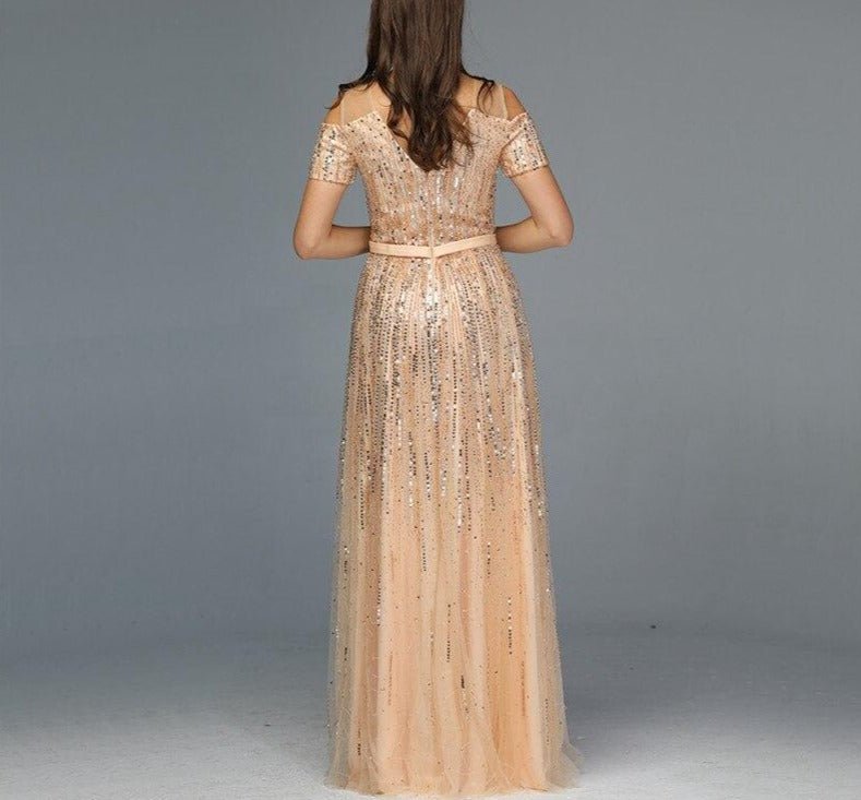 Saanvi Gold Beading Sequined A-Line Evening Dress - Mscooco.co.uk