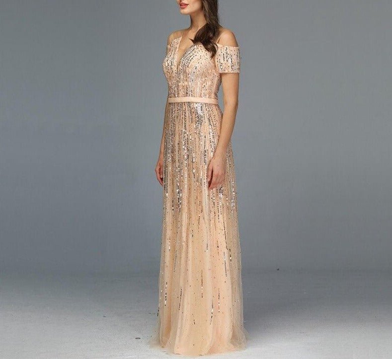 Saanvi Gold Beading Sequined A-Line Evening Dress - Mscooco.co.uk