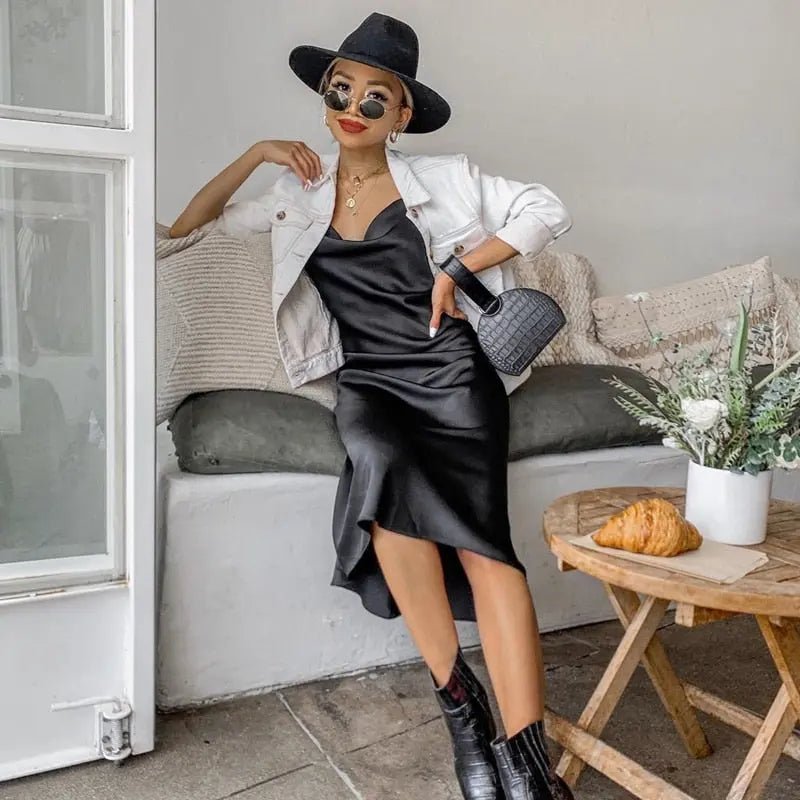 Satin sleeveless slit streetwear Dress - Mscooco.co.uk