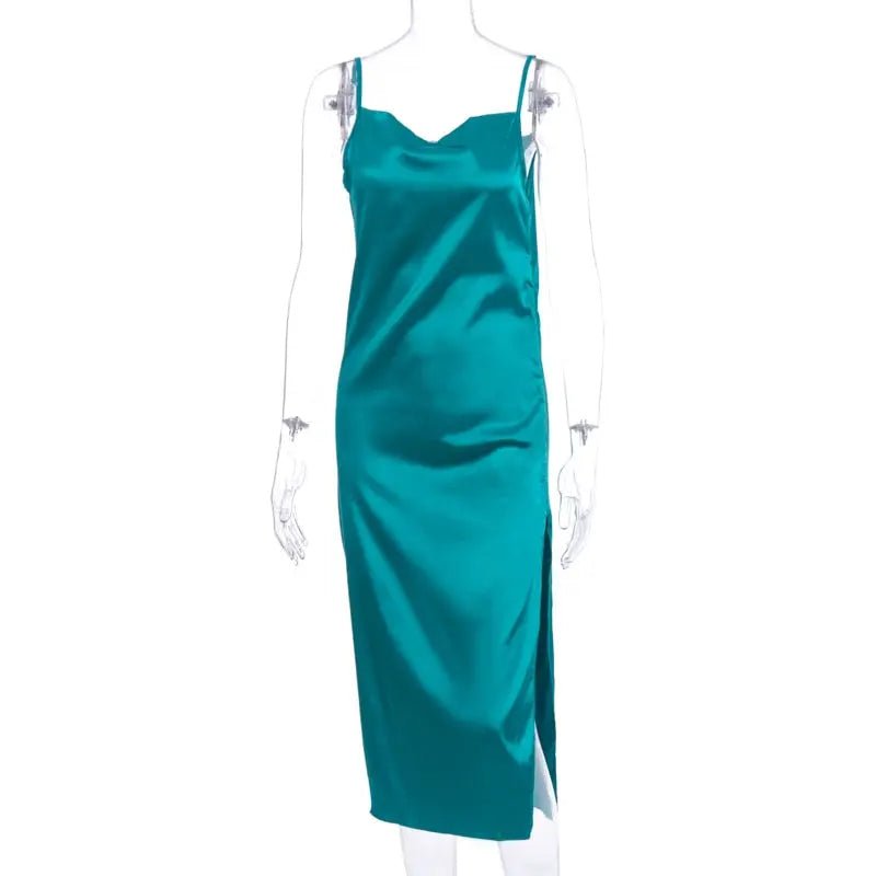 Satin sleeveless slit streetwear Dress - Mscooco.co.uk