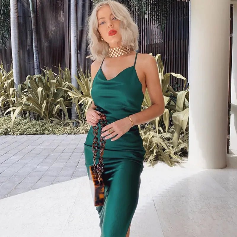 Satin sleeveless slit streetwear Dress - Mscooco.co.uk
