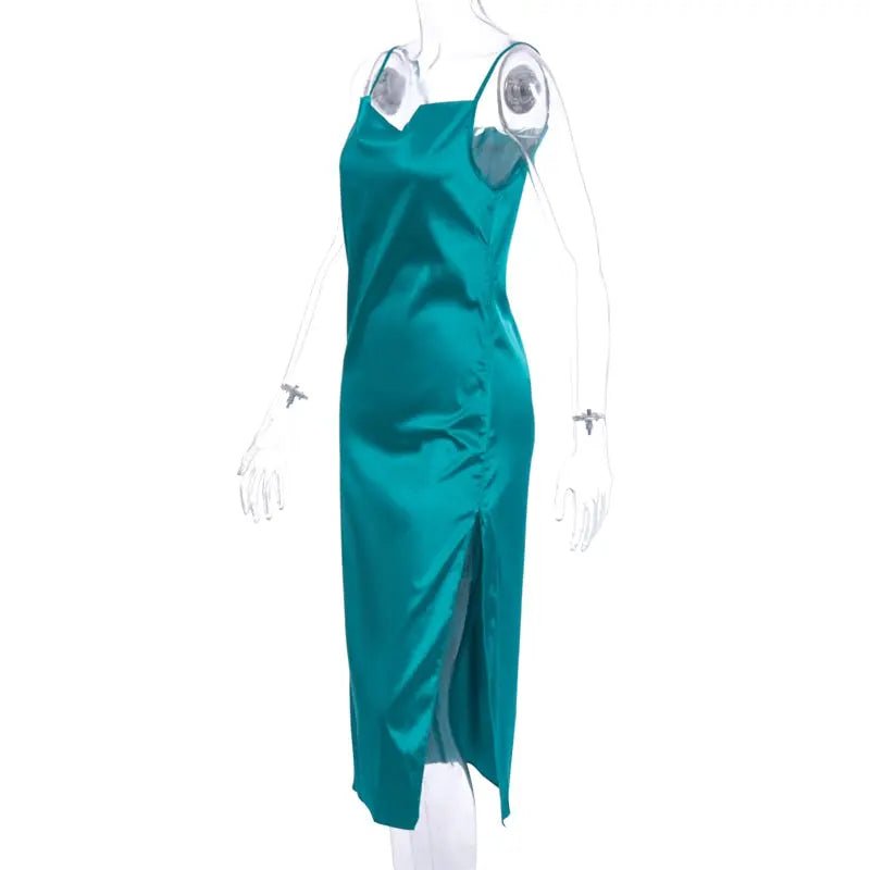 Satin sleeveless slit streetwear Dress - Mscooco.co.uk