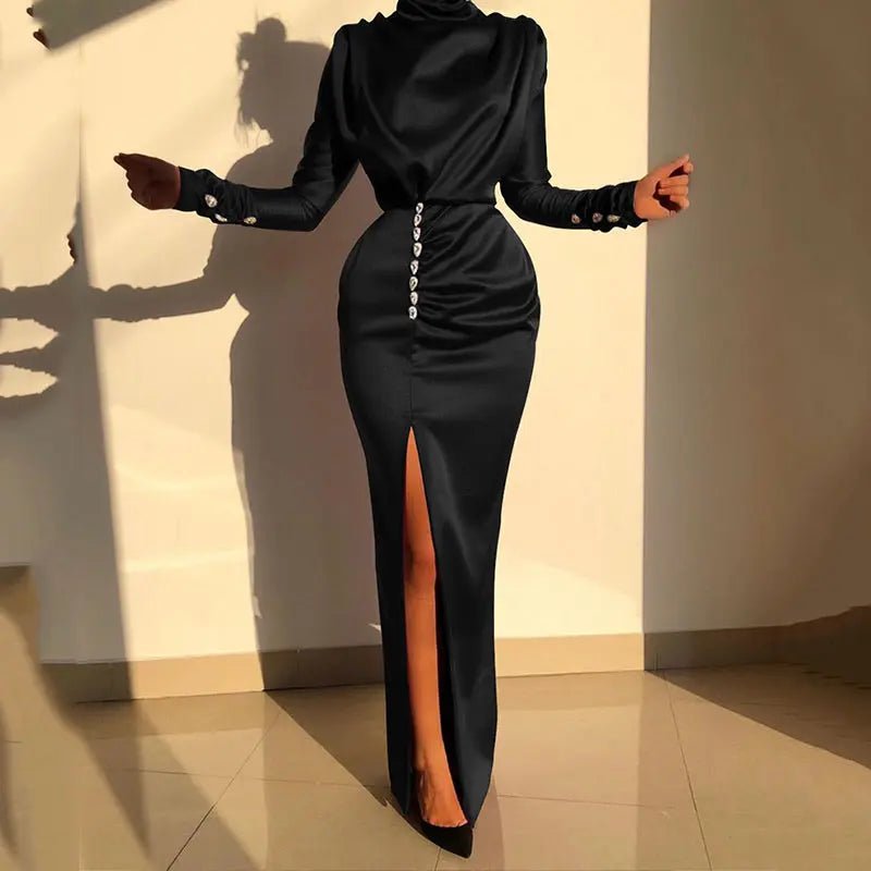 Satin Turtleneck Split Bodycon Dress - Mscooco.co.uk