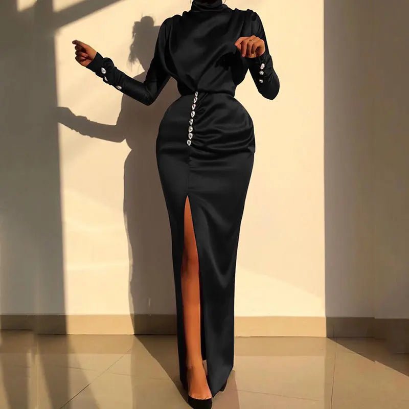 Satin Turtleneck Split Bodycon Dress - Mscooco.co.uk