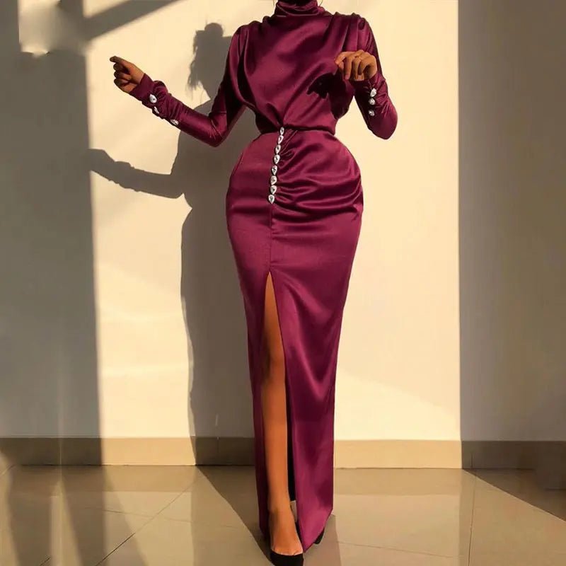 Satin Turtleneck Split Bodycon Dress - Mscooco.co.uk