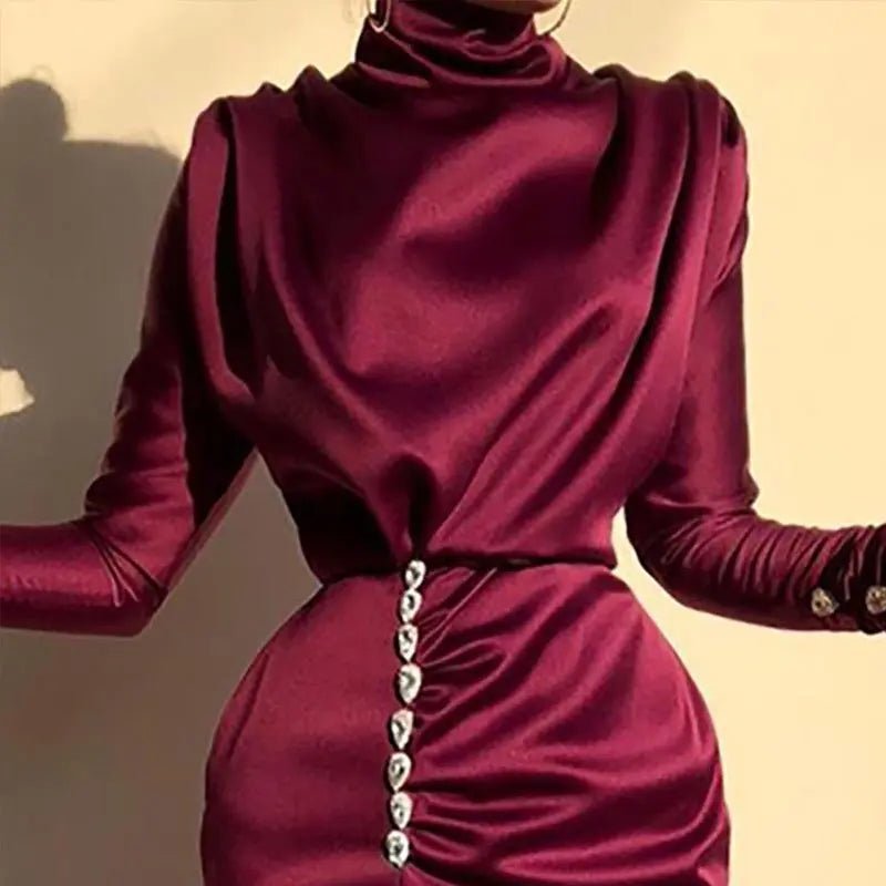 Satin Turtleneck Split Bodycon Dress - Mscooco.co.uk