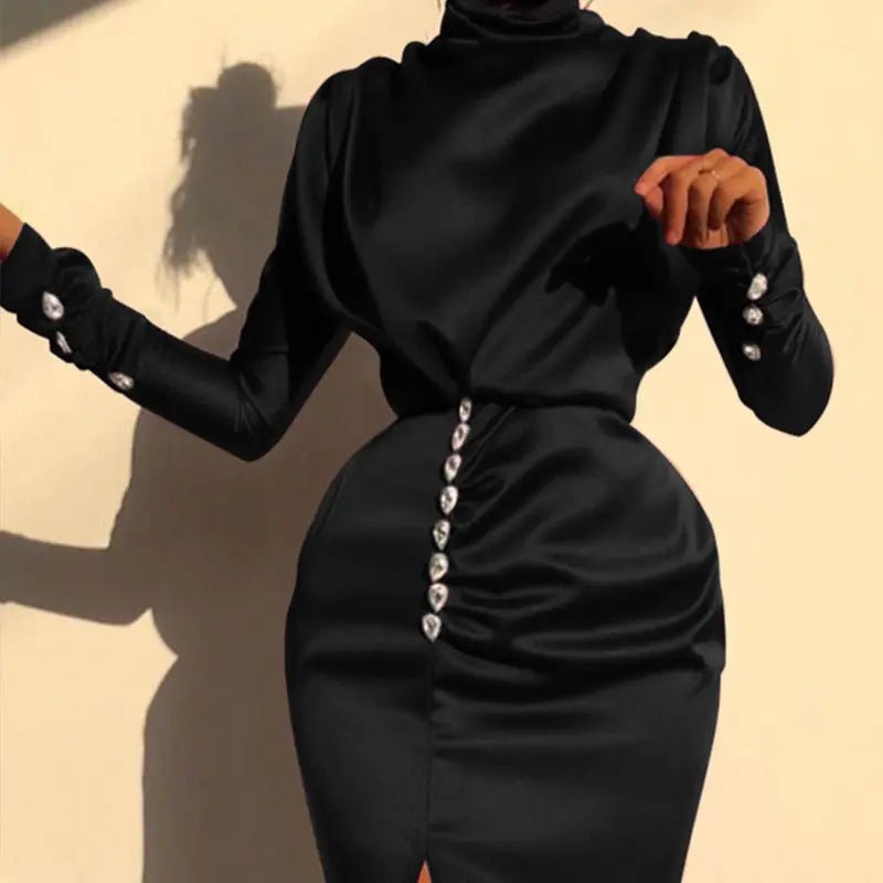 Satin Turtleneck Split Bodycon Dress - Mscooco.co.uk