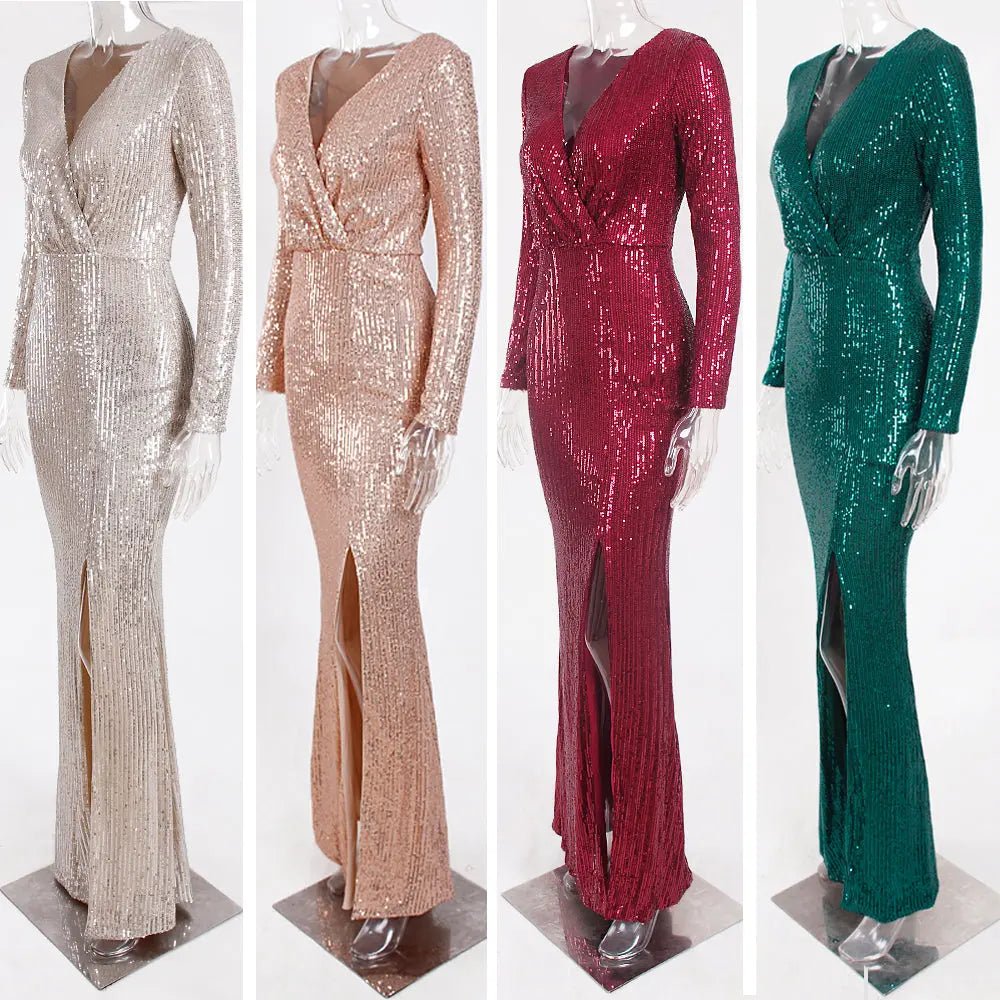 Sequine Long Sleeve Slit Leg Maxi Dress - Mscooco.co.uk