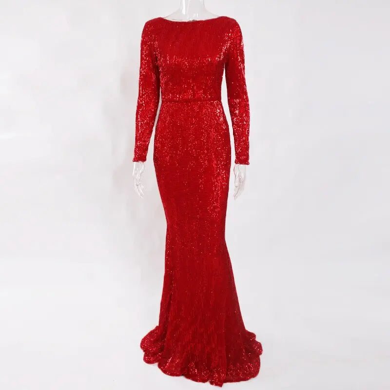 Sequined O Neck Long Sleeve Evening Maxi Dress - Mscooco.co.uk