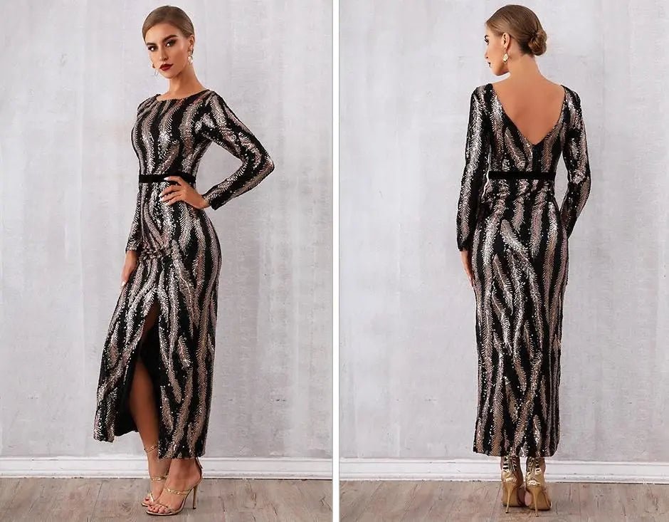 Sequined Vestido Deep V-Neck Dress - Mscooco.co.uk