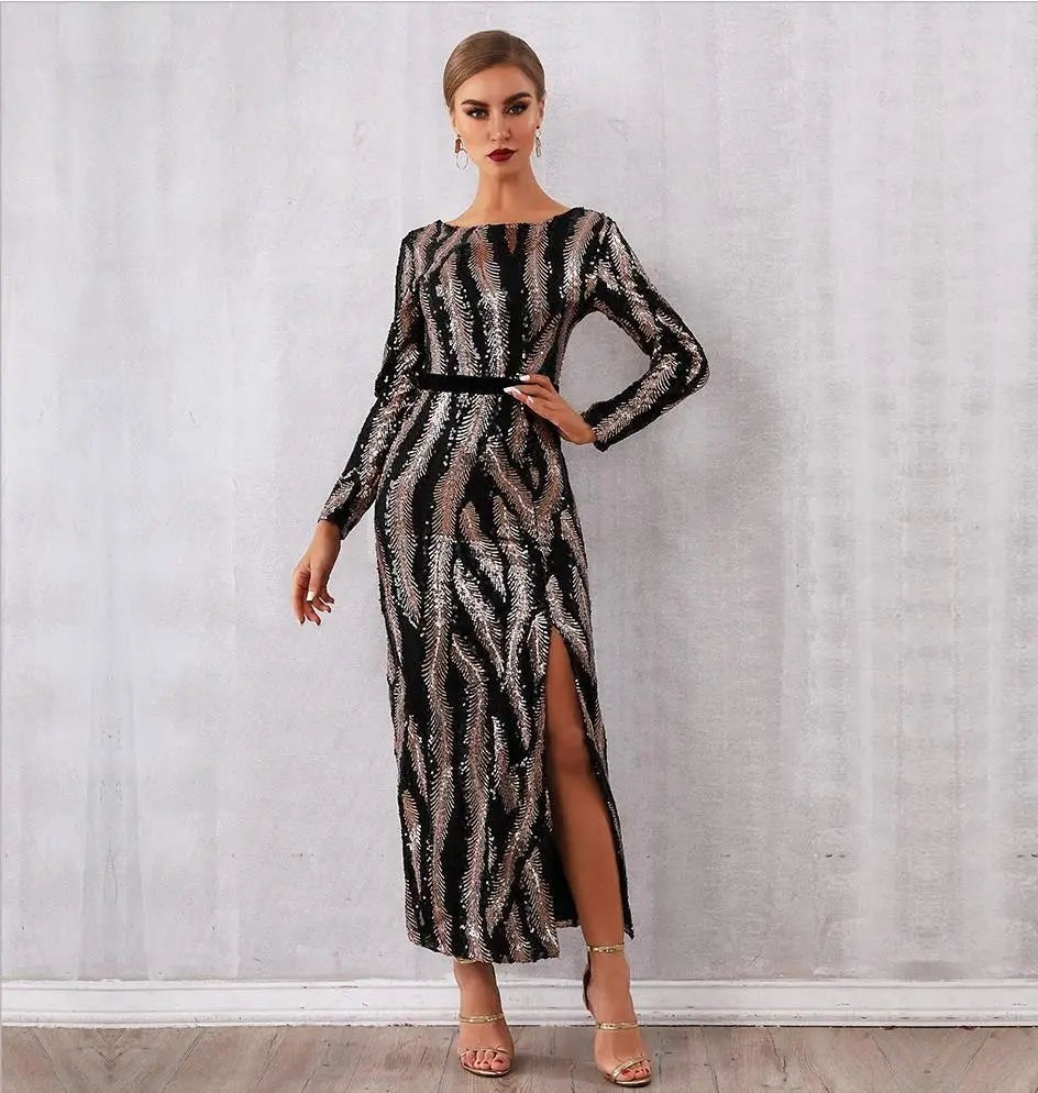 Sequined Vestido Deep V-Neck Dress - Mscooco.co.uk