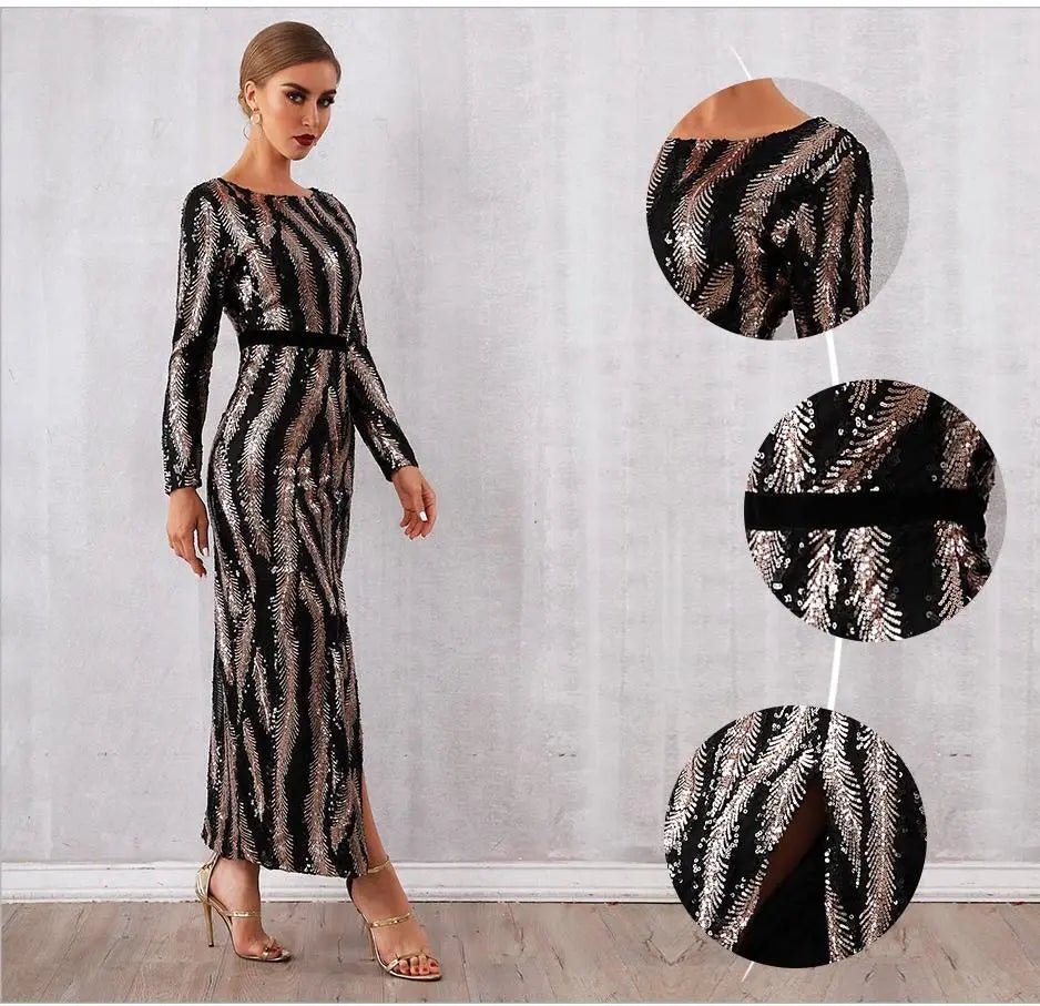 Sequined Vestido Deep V-Neck Dress - Mscooco.co.uk