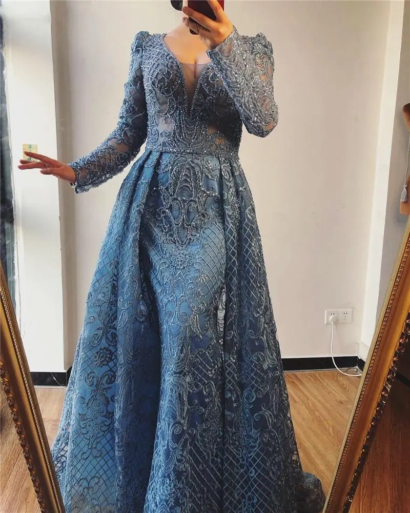 Serena Blue Luxe Beading Embellished Evening Gown - Mscooco.co.uk