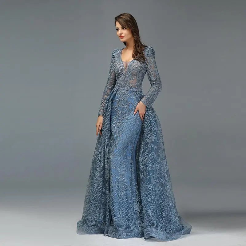 Serena Blue Luxe Beading Embellished Evening Gown - Mscooco.co.uk