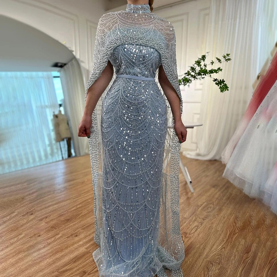 Dive Mermaid Beaded Embellished cape sleeves Gown Mscooco.co.uk