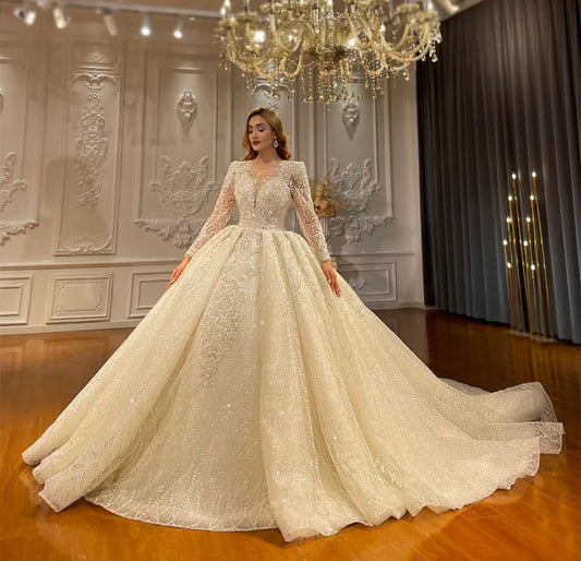Luxurious Long Sleeve Wedding Dress | Handcrafted Beaded & Embroidered Gown with LongTail