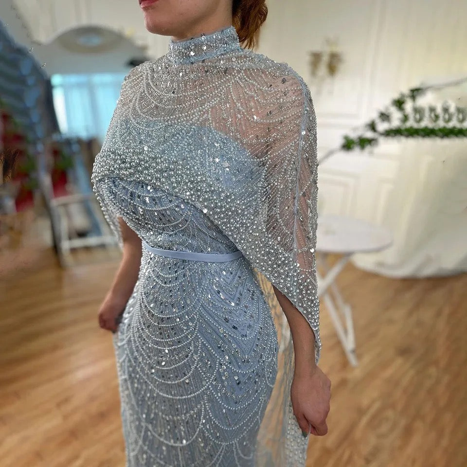 Dive Mermaid Beaded Embellished cape sleeves Gown Mscooco.co.uk