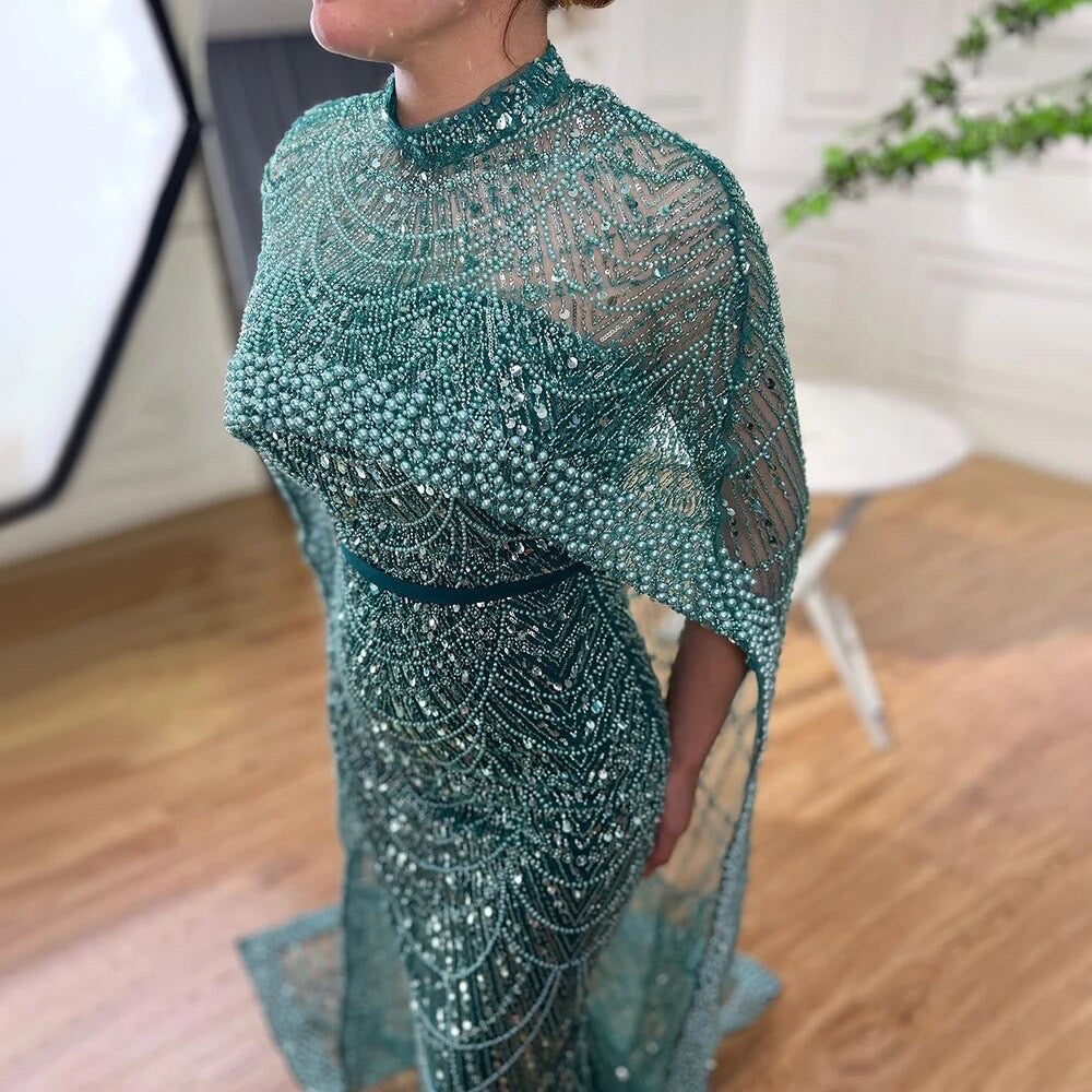 Dive Mermaid Beaded Embellished cape sleeves Gown Mscooco.co.uk