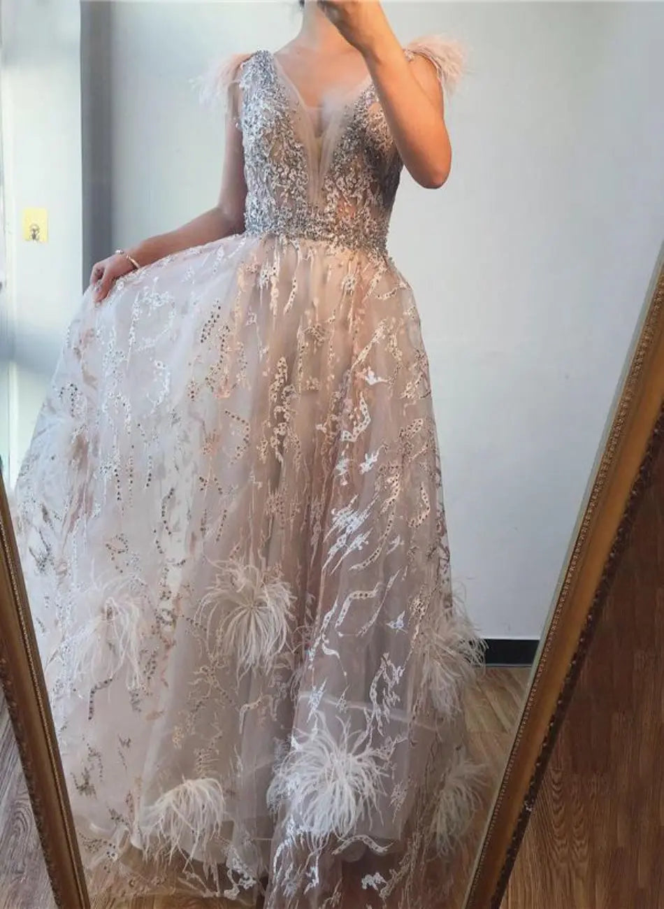 Ariella Feathers Crystal Sleeveless Evening Gown Mscooco.co.uk