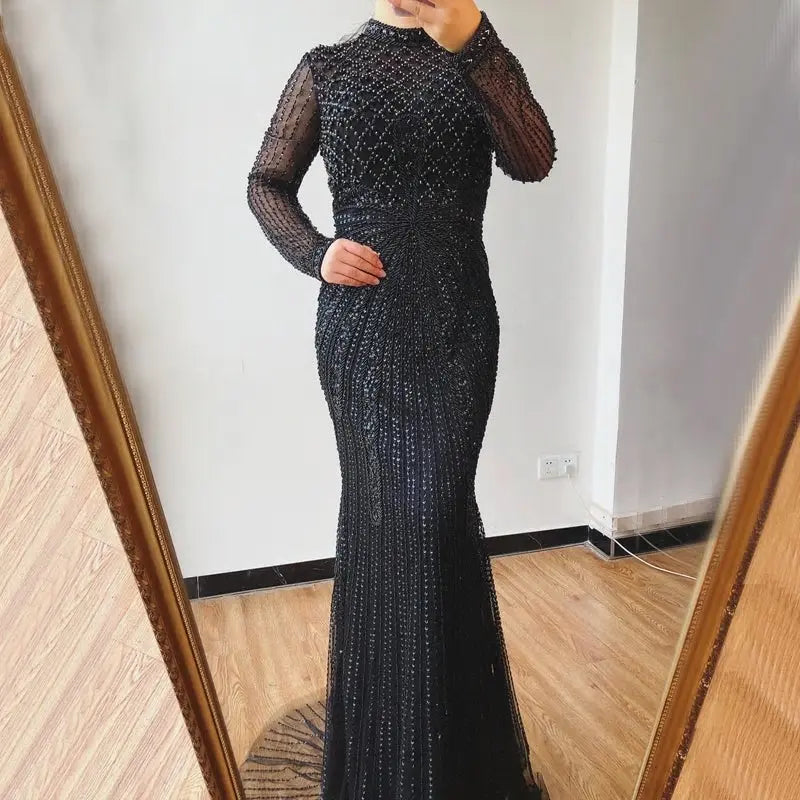 Florence - Beaded Long Dress In Black Mscooco.co.uk